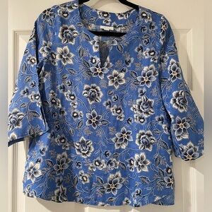 J. Jill Women's Love Linen V-Neck Blue Floral Blouse Size XS
